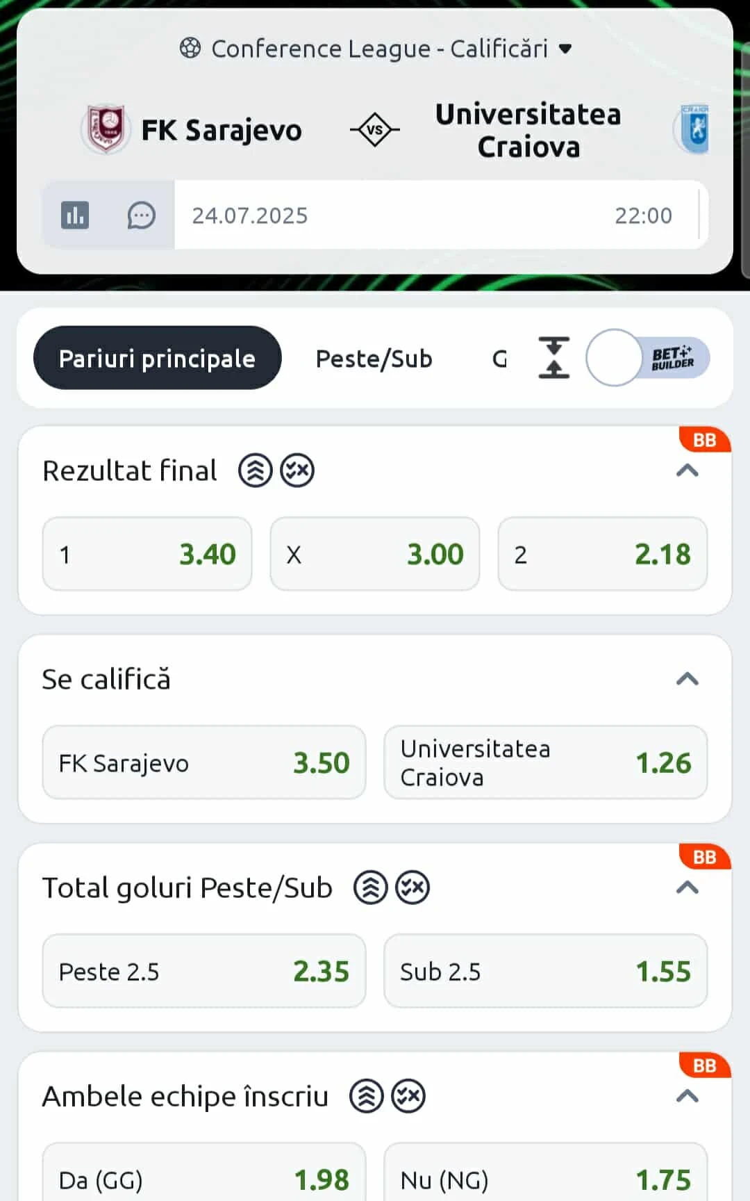 Cote pariuri Sarajevo - Universitatea Craiova de la Betano