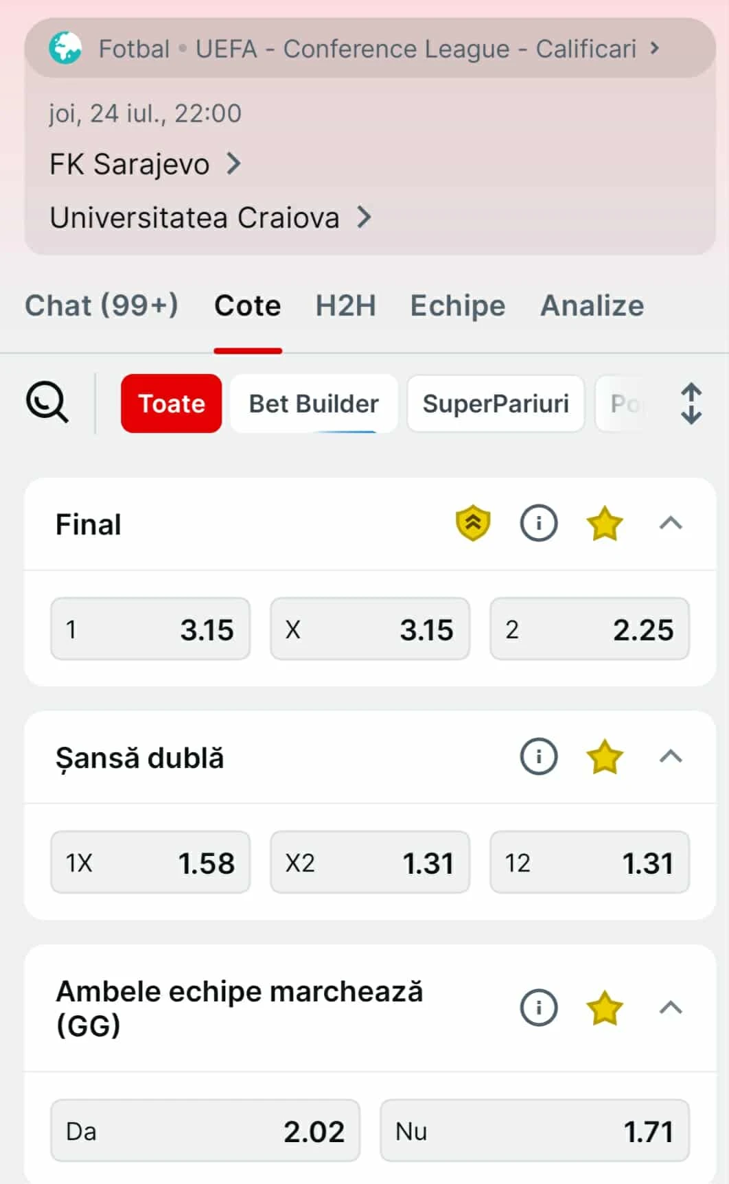 Cote pariuri Cote pariuri Sarajevo - Universitatea Craiova oferite de Superbet