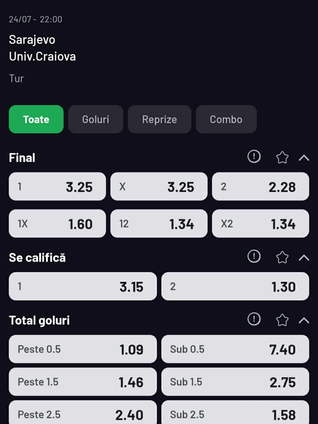 Cote pariuri Cote pariuri Sarajevo - Universitatea Craiova la Maxbet