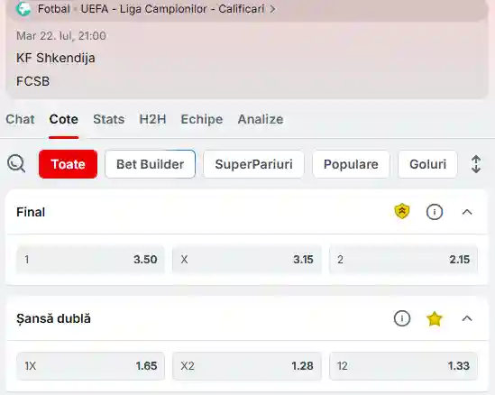 Cote Pariuri Shkendija - FCSB la Superbet
