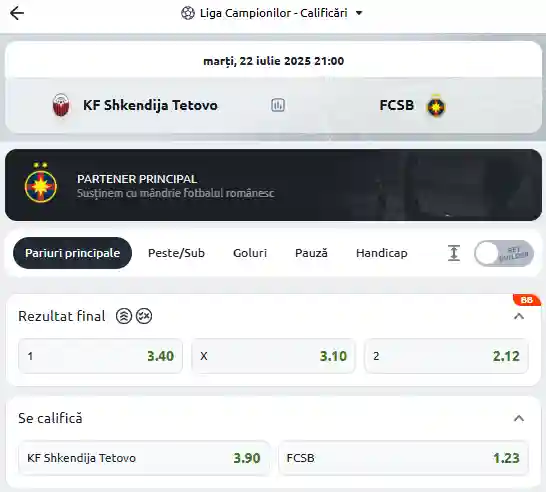 Cote Pariuri Shkendija - FCSB oferite de Betano