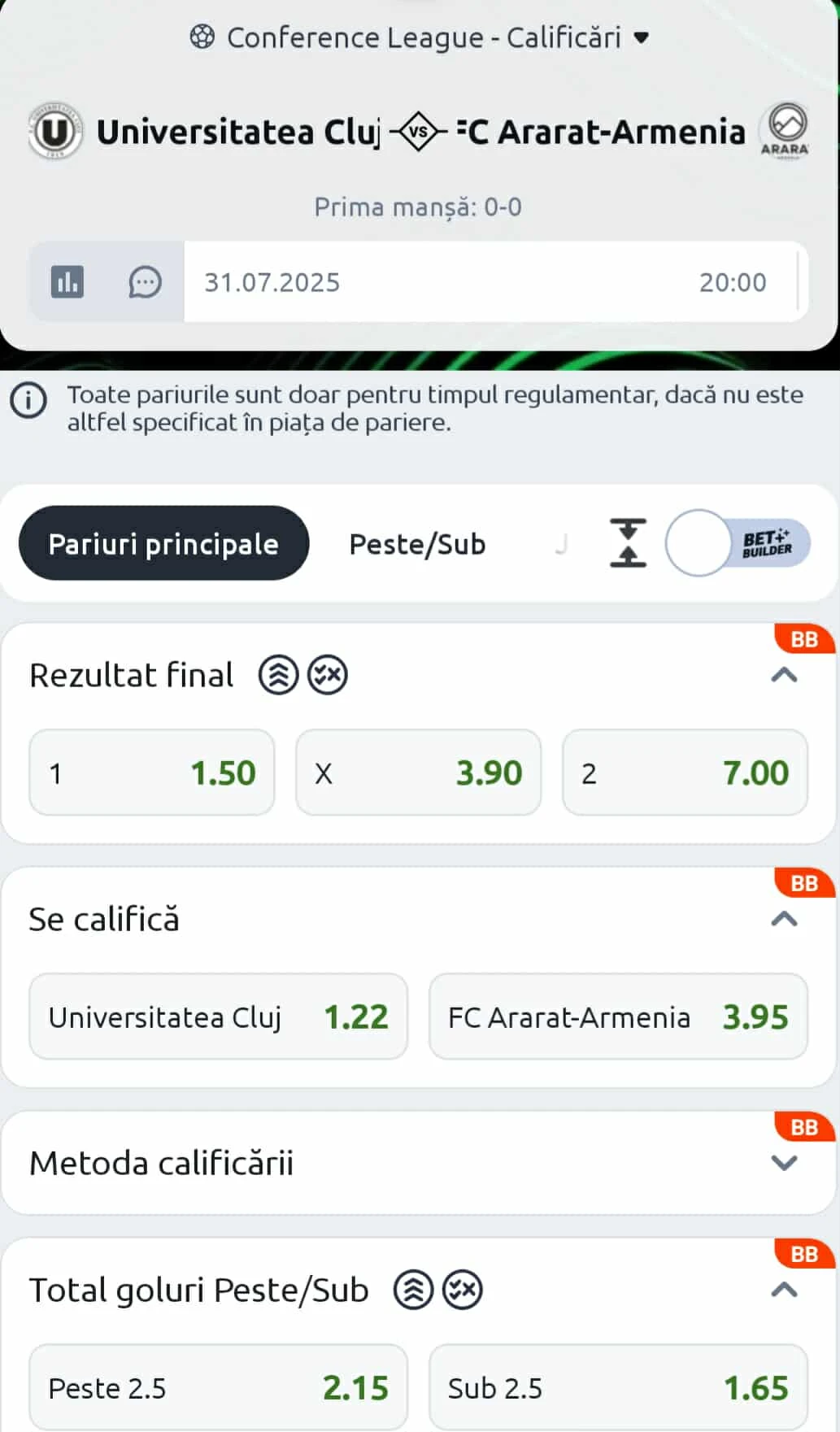 Cote pariuri U Cluj vs Ararat-Armenia oferite de Betano