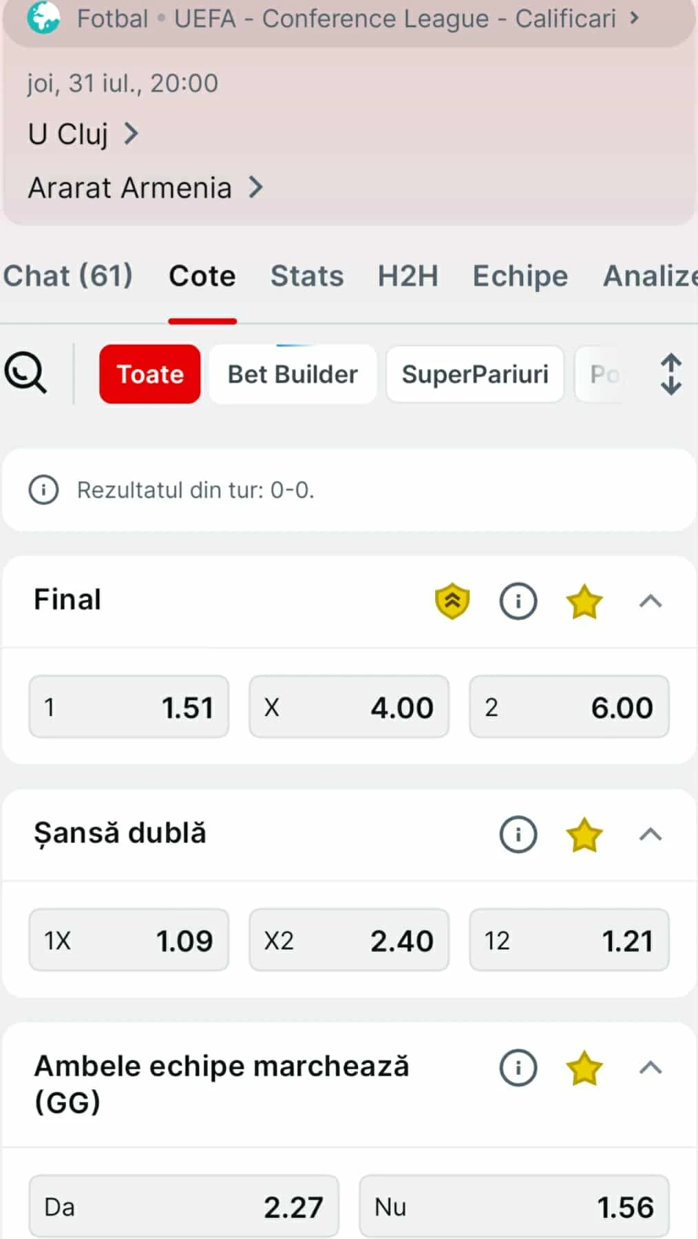 Cote pariuri U Cluj vs Ararat-Armenia de la Superbet