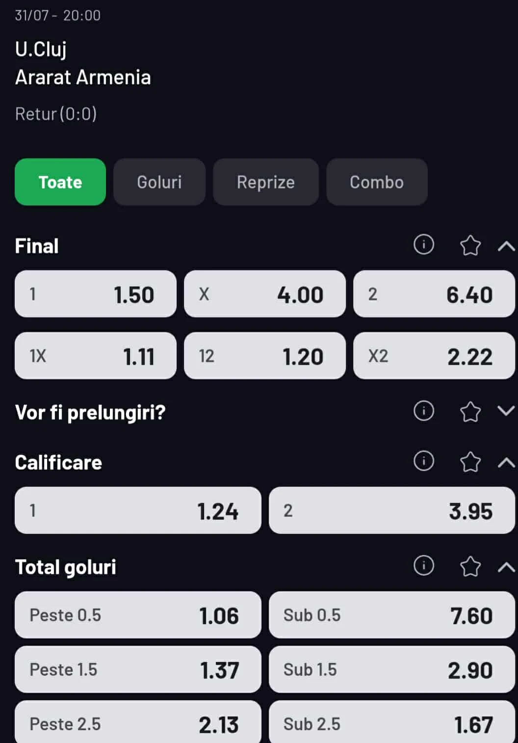 Cote pariuri U Cluj vs Ararat-Armenia la Maxbet