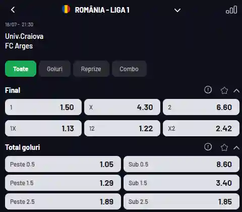 Cote Pariuri Universitatea Craiova - FC Argeș la Maxbet
