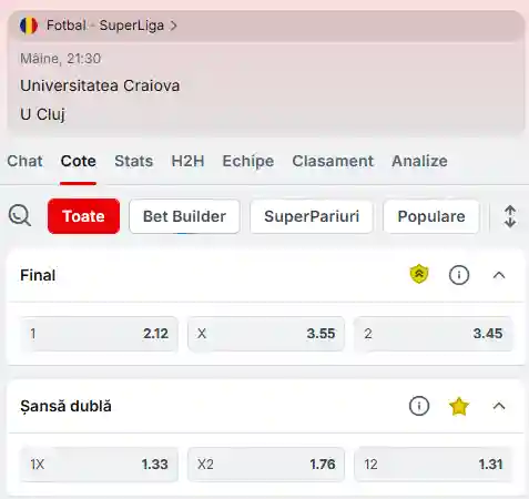 Cote Pariuri Universitatea Craiova - U Cluj la Superbet