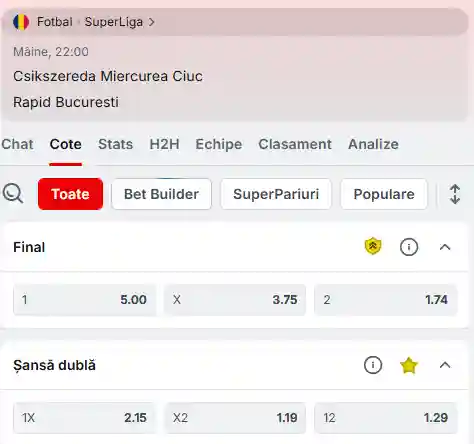 Cote Pariuri Csikszereda vs Rapid București la Superbet