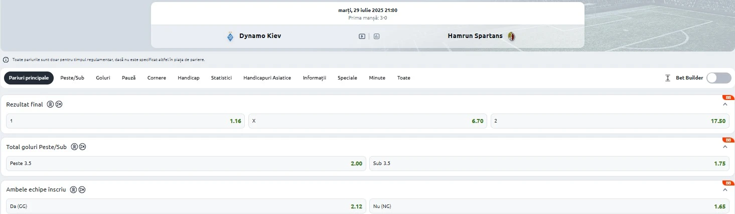 Cote pariuri Dynamo Kiev vs Hamrun Spartans