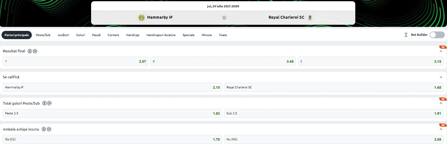 Cote pariuri Hammarby vs Charleroi