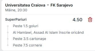 Pariuri Speciale Universitatea Craiova vs Sarajevo