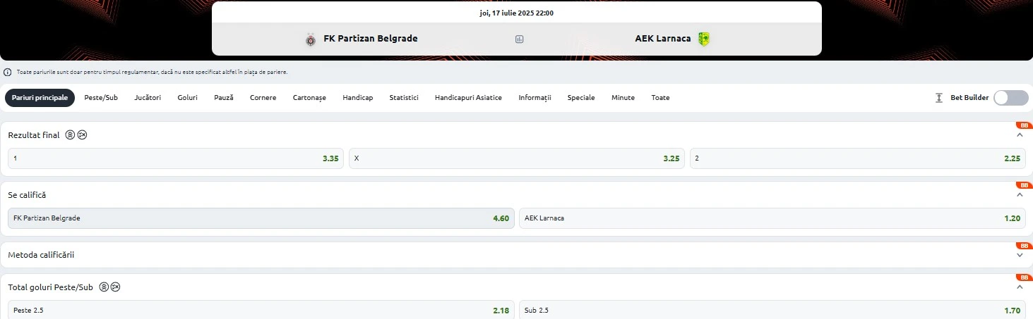 Cote pariuri Partizan - AEK Larnaca