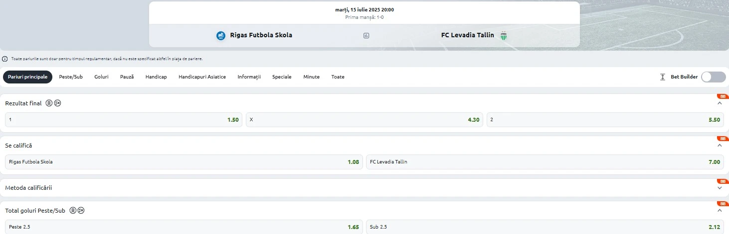 Cote pariuri RFS vs Levadia Tallinn