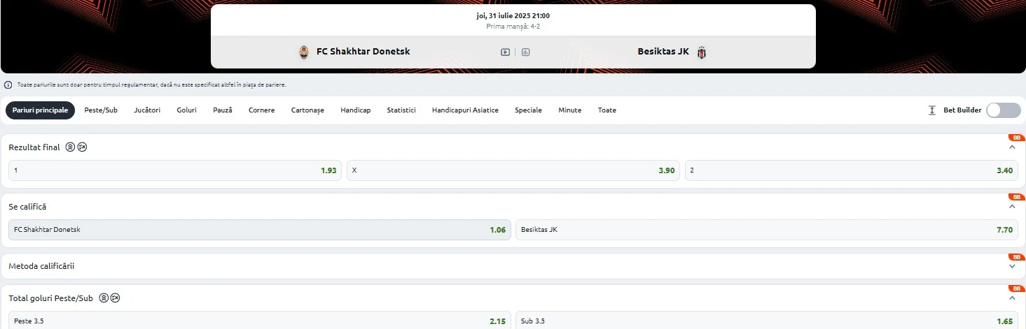 Cote pariuri Shakhtar vs Besiktas