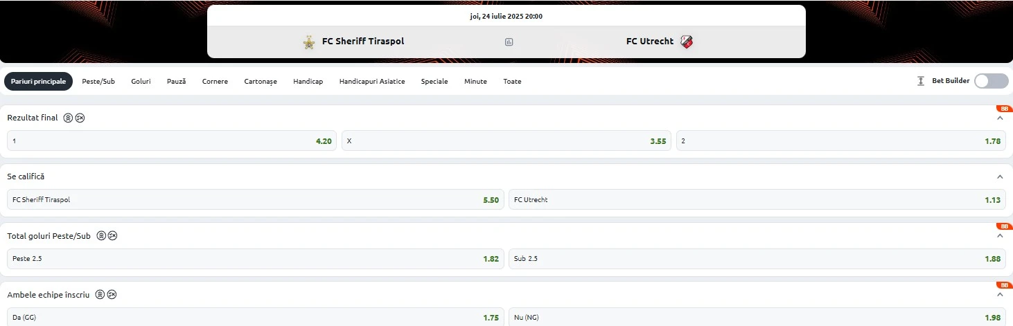 Cote pariuri Sheriff Tiraspol - FC Utrecht