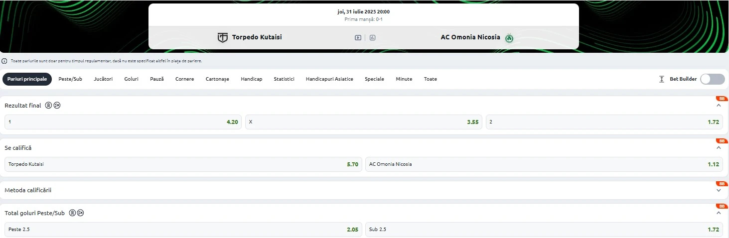 Cote pariuri Torpedo Kutaisi - Omonia