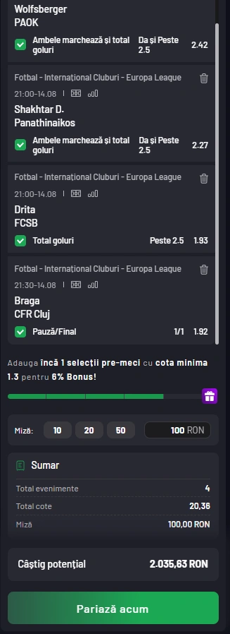 Biletul Zilei Europa League din 14 august 2025