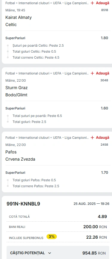 Biletul Zilei din Super Pariuri 26.08.2025