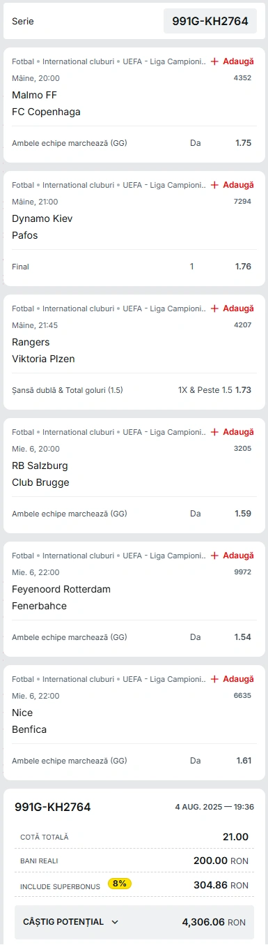 Biletul Zilei din preliminariile Champions League 05.08.2025