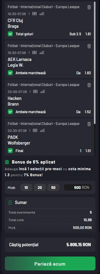 Biletul Zilei din preliminariile Europa League 07.08.2025