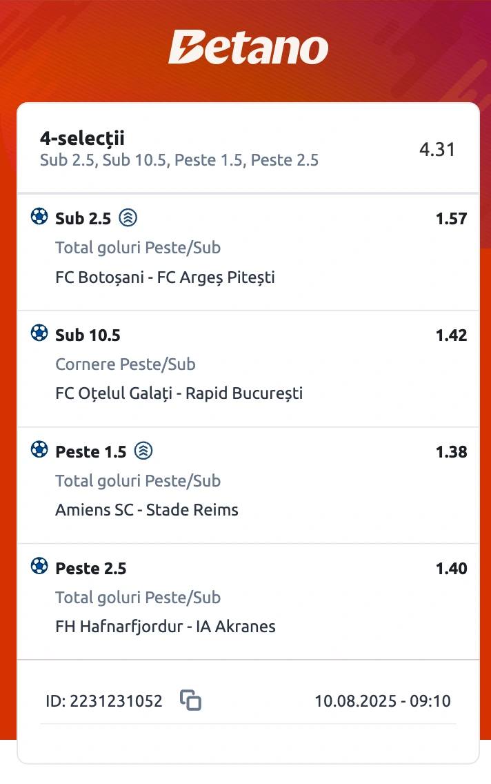 Biletul zilei azi din fotbal în cotă 4.30 la Betano, 11 august 2025