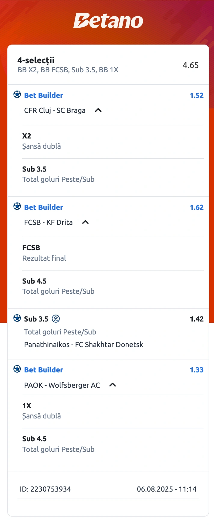 Biletul zilei din fotbal la Betano în cota 4.65, 07.08.2025