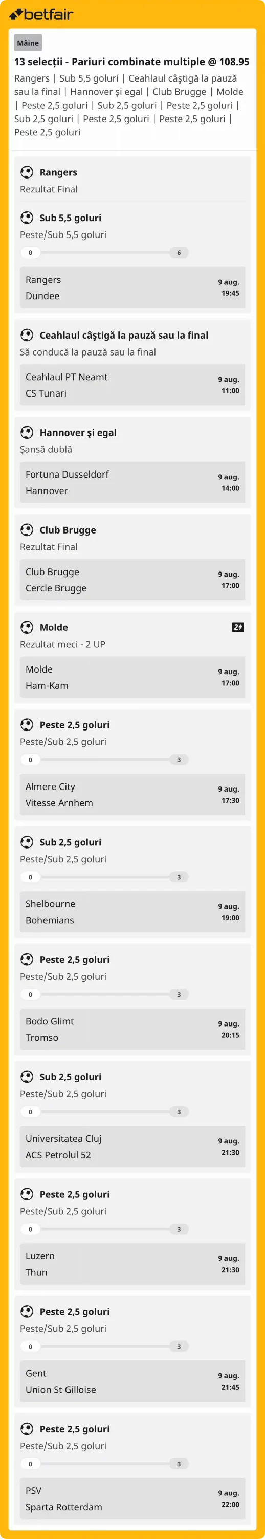 Biletul zilei din fotbal la Betfair, 9 august 2025. Mizăm pe cota 109 în acest weekend 2