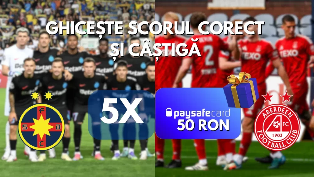 CONCURS Ghicește scorul corect la FCSB vs Aberdeen și câștigă 50 RON PaysafeCard