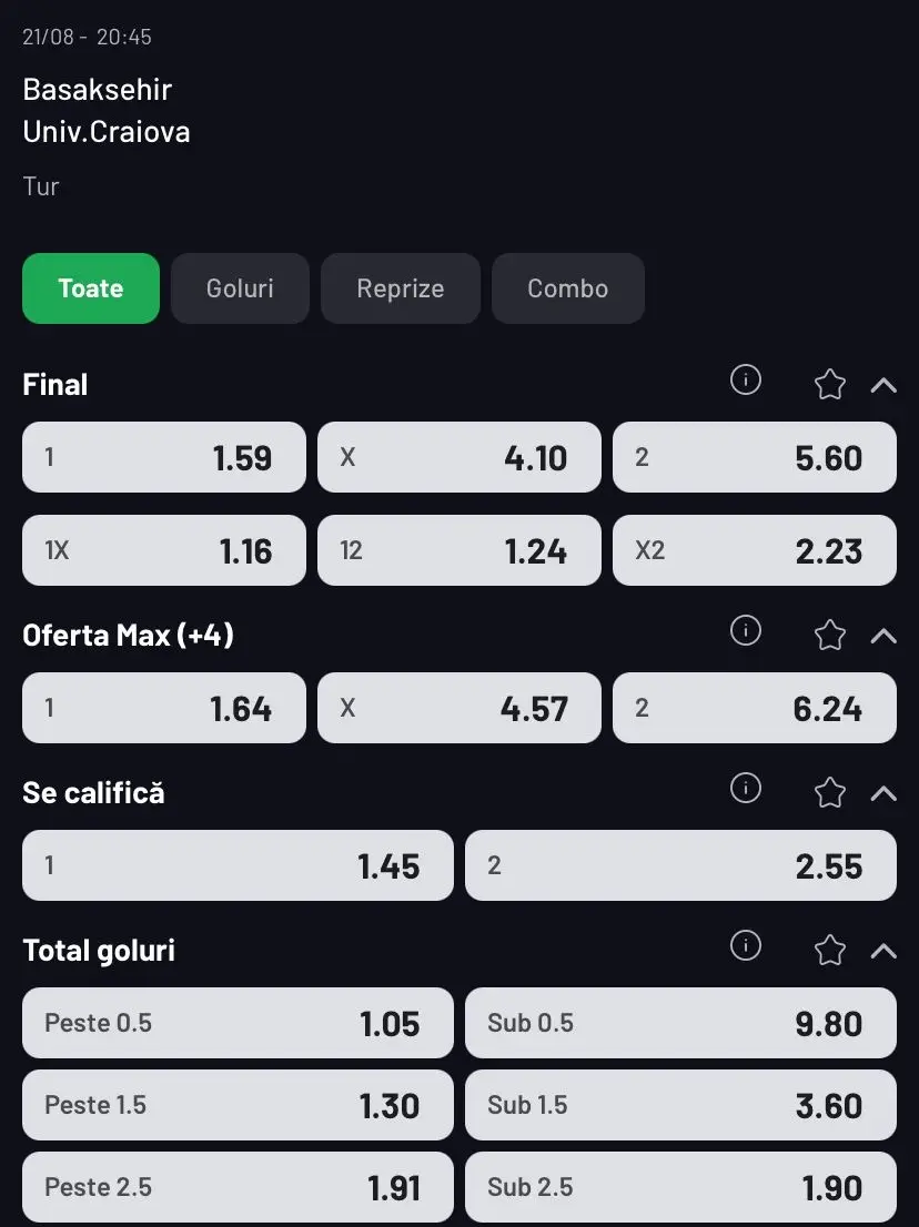 Ce cote pariuri Basaksehir vs Craiova ofera MaxBet