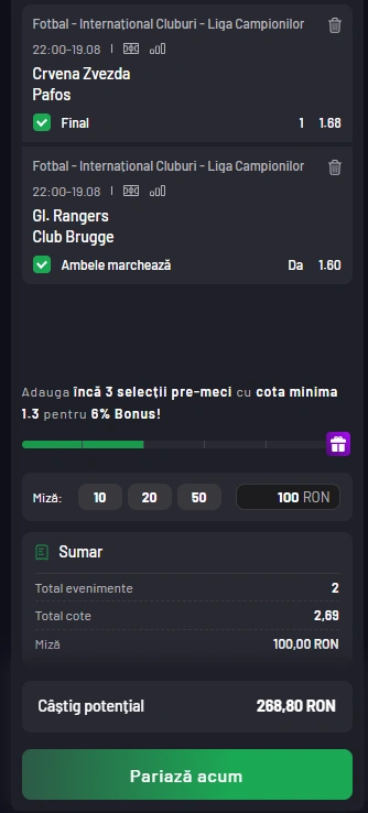 Cota 2 din play-off-ul Champions League 19.08.2025