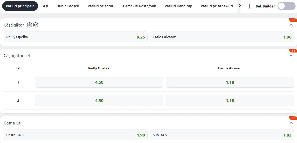 Cote Pariuri Reilly Opelka vs Carlos Alcaraz
