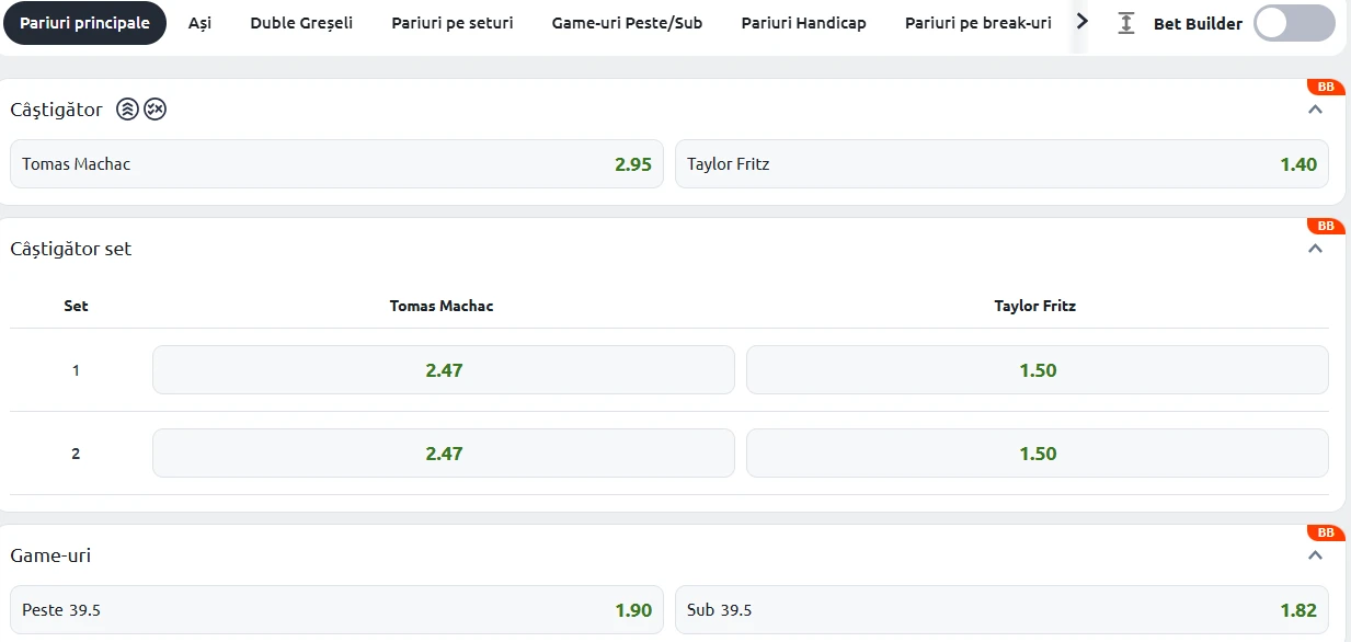 Cote Pariuri Tomas Machac vs Taylor Fritz