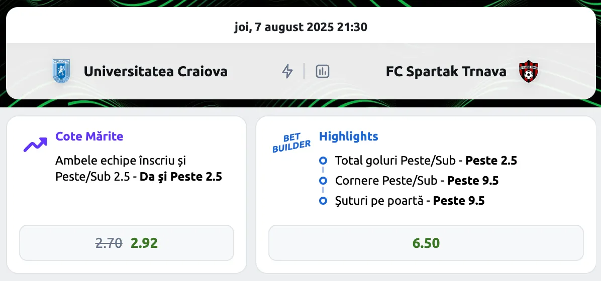 Cote mărite U Craiova - Spartak Trnava