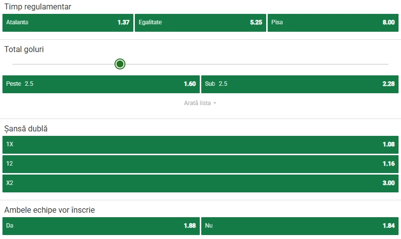 Cote pariuri Atalanta vs Pisa la Unibet