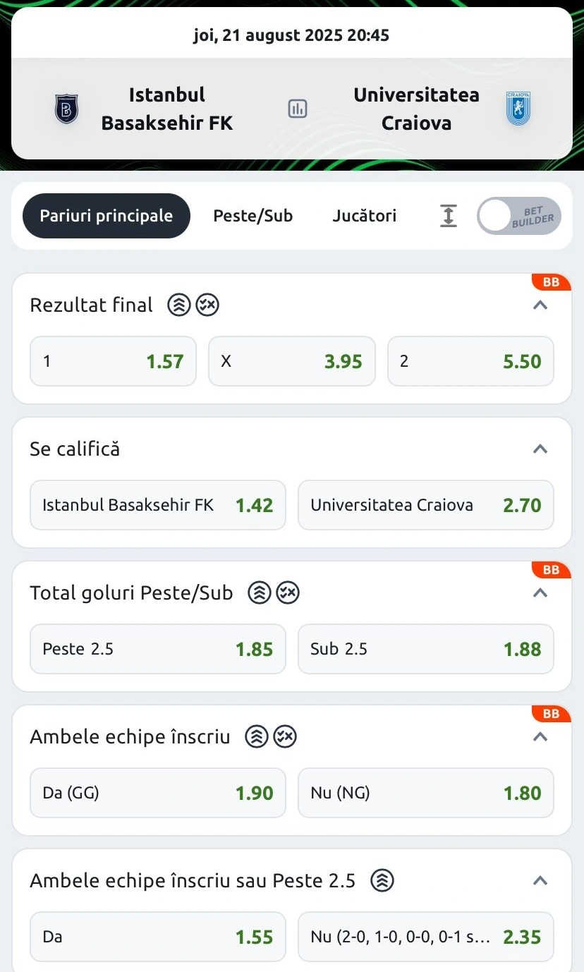 Cote pariuri Basaksehir vs Craiova la Betano