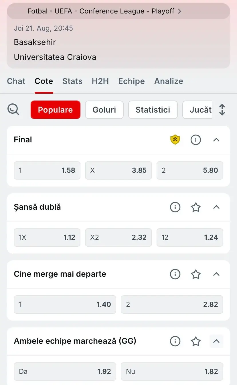 Cote pariuri Basaksehir vs Craiova oferite de Superbet
