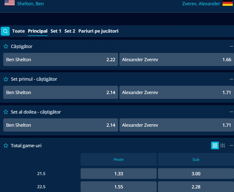 Cote pariuri Ben Shelton vs Alexander Zverev