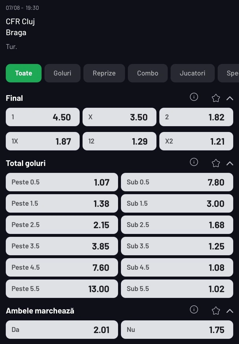 Cote pariuri CFR Cluj vs Braga oferite de MaxBet