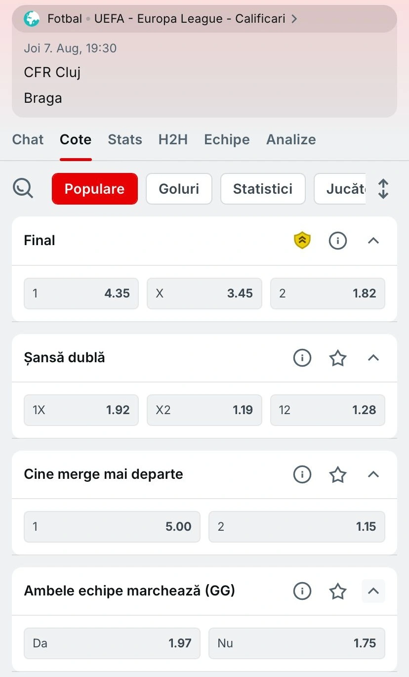 Cote pariuri CFR Cluj vs Braga preluate de la Superbet