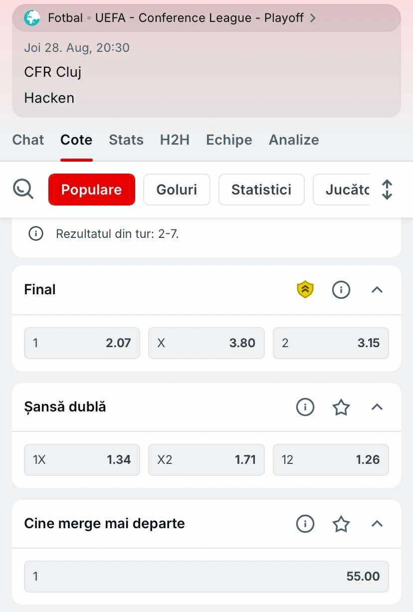Cote pariuri CFR Cluj vs Hacken la Superbet