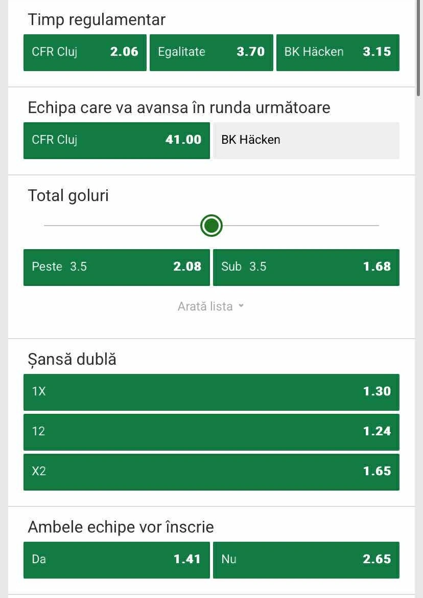 Cote pariuri CFR Cluj vs Hacken preluate de la Unibet