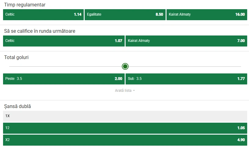 Cote pariuri Celtic vs Kairat Almaty la Unibet
