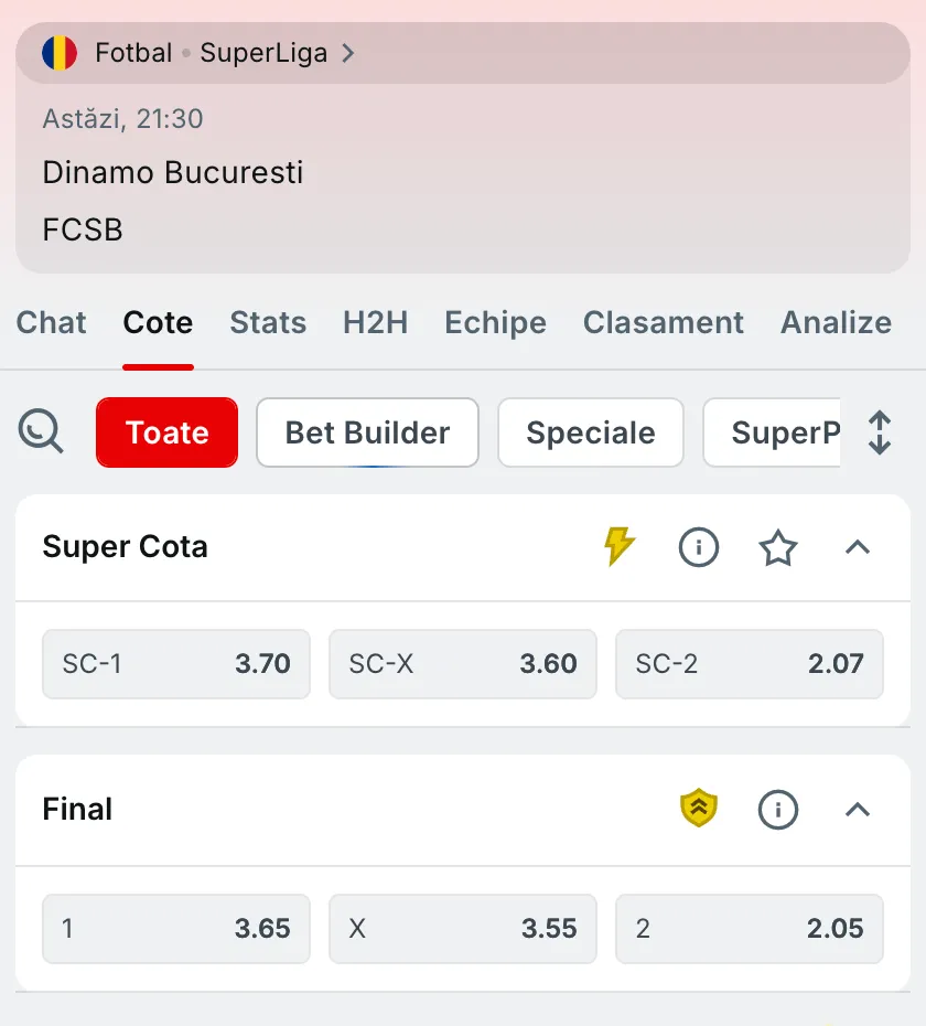 Cote pariuri Dinamo - FCSB (Superbet)