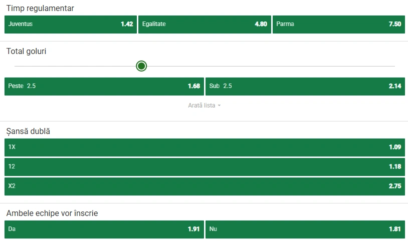 Cote pariuri Juventus vs Parma la Unibet