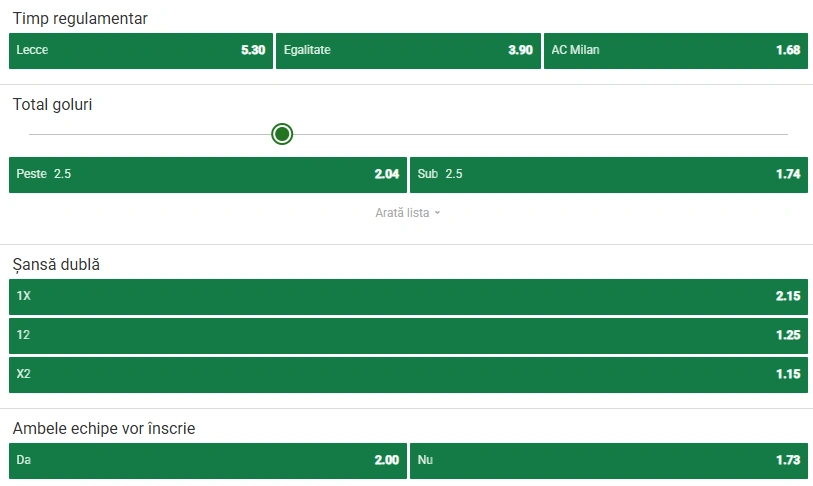 Cote pariuri Lecce vs AC Milan la Unibet