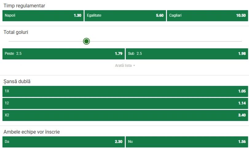 Cote pariuri Napoli vs Cagliari la Unibet