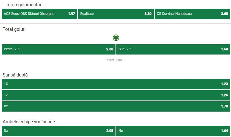 Cote pariuri Sepsi OSK vs Corvinul Hunedoara la Unibet