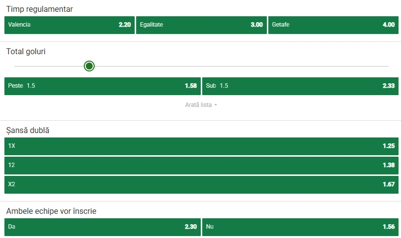 Cote pariuri Valencia vs Getafe la Unibet