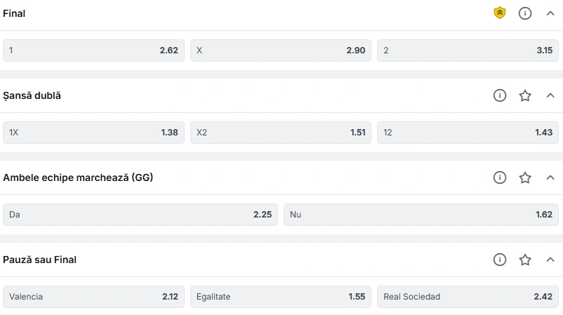 Cote pariuri Valencia vs Real Sociedad la Superbet