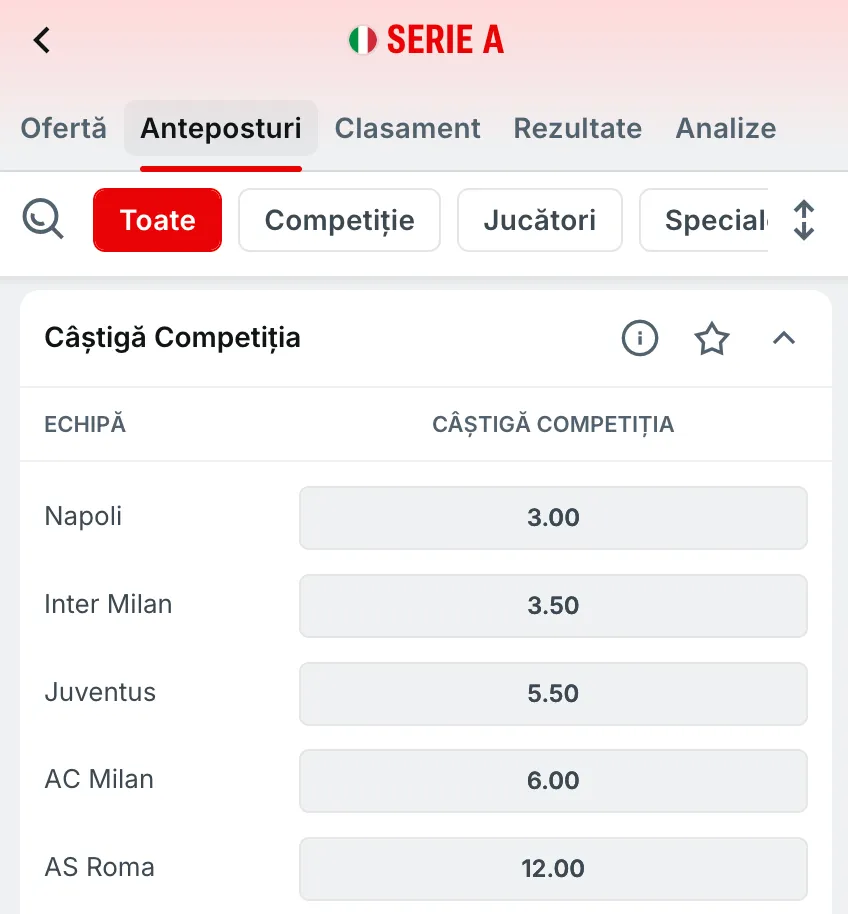 Cote pariuri antepost Serie A 2025 2026 la Superbet