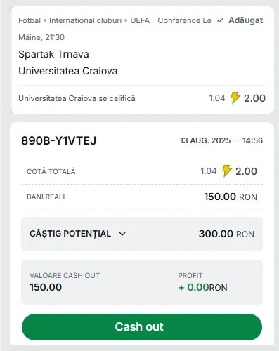 Dublează-ți miza cu cota 2.00 pe calificarea Craiovei!